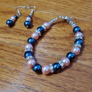 Light Pink and blue matching bracelet and earrings. Handmade. Metal clasps.